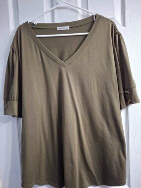 Plus Size V-neck, Short sleeve Olive Green, Decorative Buttons on sleeves